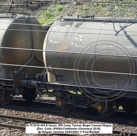 39 70 9316 001-8 Uacns JPA Colas Tarmac Bogie Cement Wagon [Des. Code JP008A Feldbinder (Germany) 2016] @ Holgate Junction 2021-03-24 © Paul Bartlett [2W]