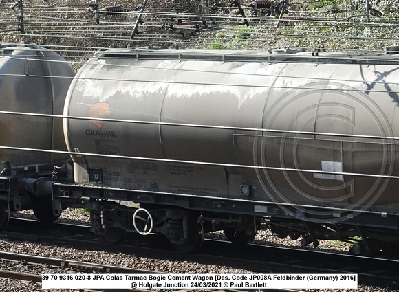 39 70 9316 020-8 JPA Colas Tarmac Bogie Cement Wagon [Des. Code JP008A Feldbinder (Germany) 2016] @ Holgate Junction 2021-03-24 © Paul Bartlett [2w]