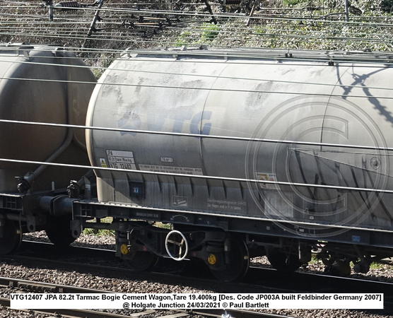 VTG12407 JPA 82.2t Tarmac Bogie Cement Wagon,Tare 19.400kg [Des. Code JP003A built Feldbinder Germany 2007] @ Holgate Junction 2021-03-24 © Paul Bartlett [2W]