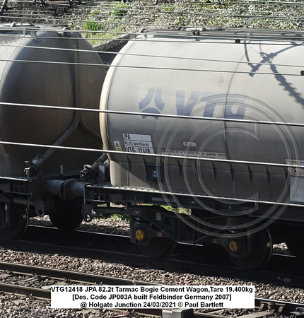 VTG12418 JPA 82.2t Tarmac Bogie Cement Wagon,Tare 19.400kg [Des. Code JP003A built Feldbinder Germany 2007] @ Holgate Junction 2021-03-24 © Paul Bartlett [2W]