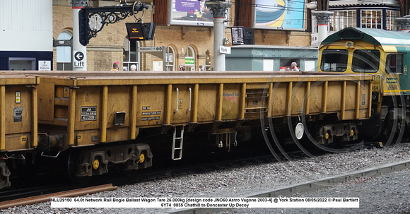 NLU29150  64.0t Network Rail Bogie Ballast Wagon Tare 26.000kg [design code JNO60 Astro Vagone 2003-4] @ York Station 2022-05-08 © Paul Bartlett [1w]