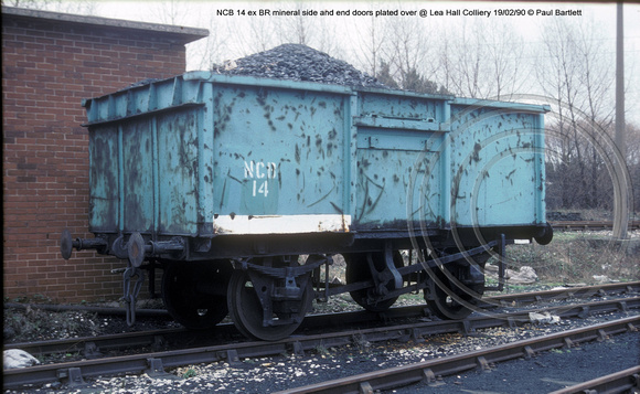 NCB 14 ex BR mineral doors plated @ Lea Hall Colliery 90-02-19 � Paul Bartlett w