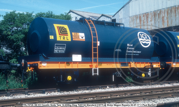 TRL70726 36t ICI Caustic Soda Tare 14-650kg Diag TU013A Standard [1977] @ Stoke Wagon Repairs 82-07-17 © Paul Bartlett w