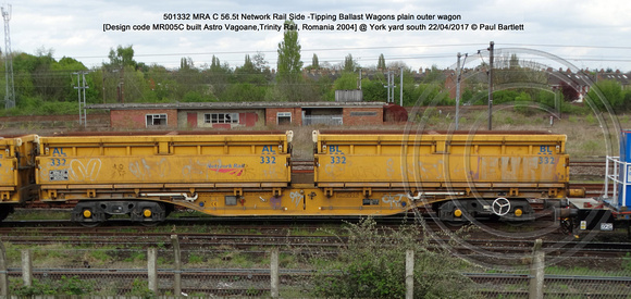 501332 MRA C 56.5t Network Rail Side -Tipping Ballast Wagons plain outer wagon [Design code MR005C built Astro Vagoane,Trinity Rail, Romania 2004] @ York yard south 2017-04-22 © Paul Bartlett [2w]