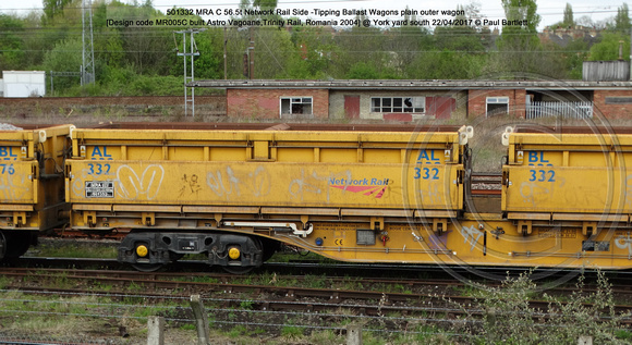 501332 MRA C 56.5t Network Rail Side -Tipping Ballast Wagons plain outer wagon [Design code MR005C built Astro Vagoane,Trinity Rail, Romania 2004] @ York yard south 2017-04-22 © Paul Bartlett [4w]