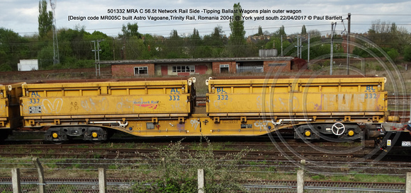 501332 MRA C 56.5t Network Rail Side -Tipping Ballast Wagons plain outer wagon [Design code MR005C built Astro Vagoane,Trinity Rail, Romania 2004] @ York yard south 2017-04-22 © Paul Bartlett [3w]