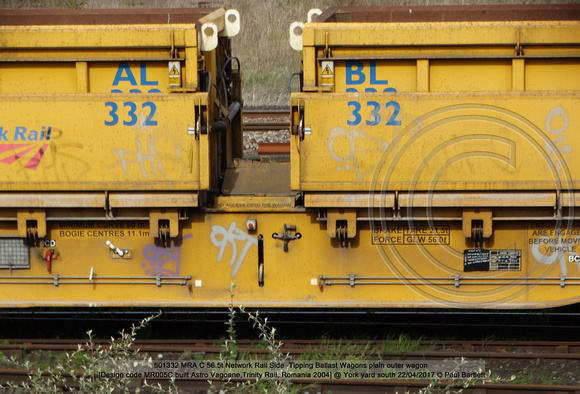 501332 MRA C 56.5t Network Rail Side -Tipping Ballast Wagons plain outer wagon [Design code MR005C built Astro Vagoane,Trinity Rail, Romania 2004] @ York yard south 2017-04-22 © Paul Bartlett [7w]