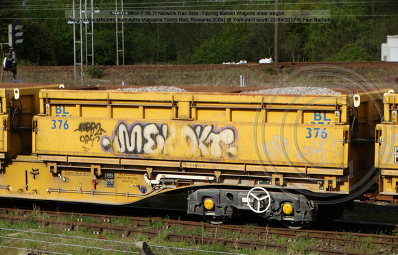501376 MRA F 56.7t Network Rail Side -Tipping Ballast Wagons inner wagon [Design code MR006C built Astro Vagoane,Trinity Rail, Romania 2004] @ York yard south 2017-04-22 © Paul Bartlett [4w]