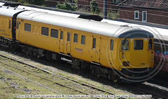 9702 (ex 9510) NR Remote train operating vehicle Mk 2f Brake Second open [lot 30861 Derby 1974] @ York Holgate sidings 2021-04-09 © Paul Bartlett [1w]