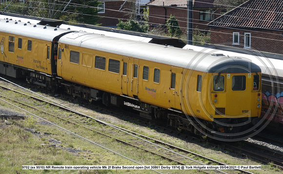 9702 (ex 9510) NR Remote train operating vehicle Mk 2f Brake Second open [lot 30861 Derby 1974] @ York Holgate sidings 2021-04-09 © Paul Bartlett [2w]
