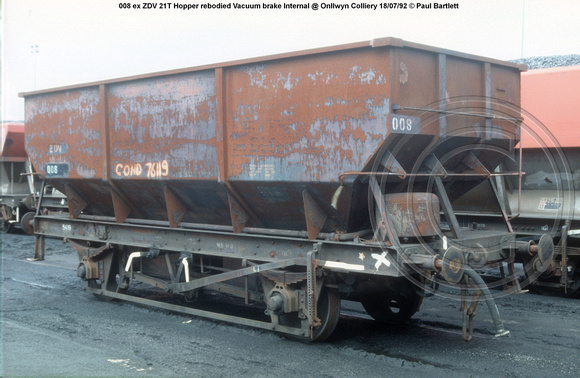 008 ex ZDV 21T Hopper rebodied Vacuum brake Internal @ Onllwyn Colliery 92-07-18 © Paul Bartlett w