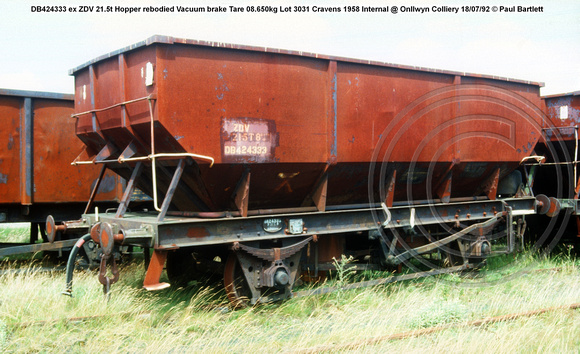 DB424333 ex ZDV 21.5t Hopper rebodied Vacuum brake Tare 08.650kg Lot 3031 Cravens 1958 Internal @ Onllwyn Colliery 92-07-18 © Paul Bartlett w