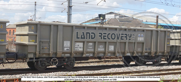 81 70 5932 709-5 Ealnos JNA 79.6t Land Recovery Ltd Tare 22.000kg Built W H Davis, Langwith Junct. 8.9.2022 @ York Station 2023-08-11 © Paul Bartlett w