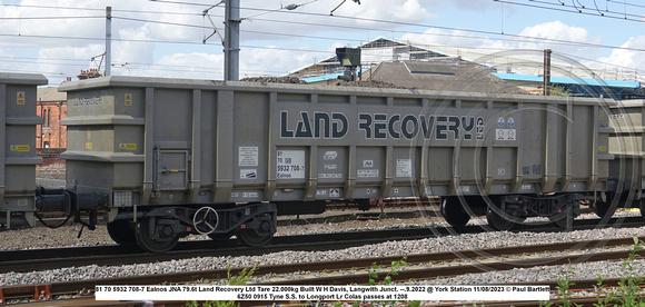 81 70 5932 708-7 Ealnos JNA 79.6t Land Recovery Ltd Tare 22.000kg Built W H Davis, Langwith Junct. --.9.2022 @ York Station 2023-08-11© Paul Bartlett w