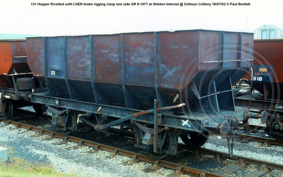 131 Hopper Rivetted unfit LNER brake rigging clasp one side GR 8-1971 at Shildon Internal @ Onllwyn Colliery 92-07-18 © Paul Bartlett w