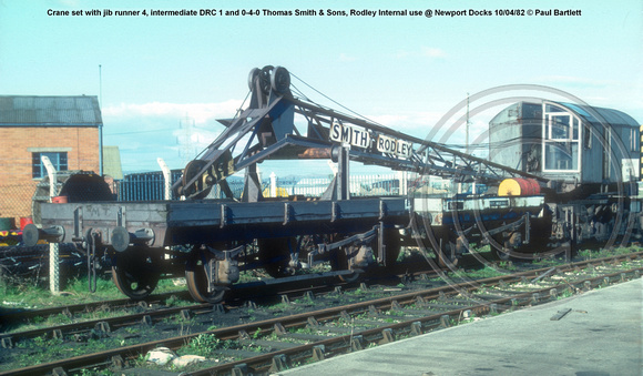 Crane set with jib runner 4, intermediate DRC 1 and 0-4-0 Thomas Smith & Sons, Rodley Internal use @ Newport Docks 82-04-10 © Paul Bartlett w