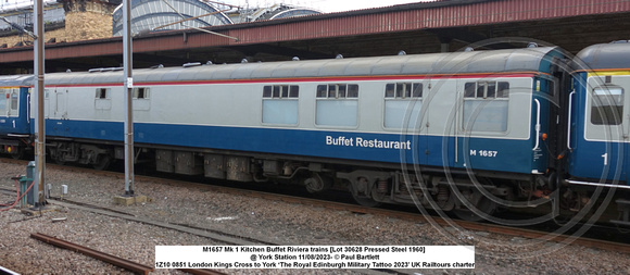 M1657 Mk 1 Kitchen Buffet Riviera trains [Lot 30628 Pressed Steel 1960] @ York Station 2023-08-11 © Paul Bartlett [1w]