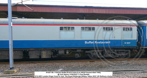M1657 Mk 1 Kitchen Buffet Riviera trains [Lot 30628 Pressed Steel 1960] @ York Station 2023-08-11 © Paul Bartlett [4w]