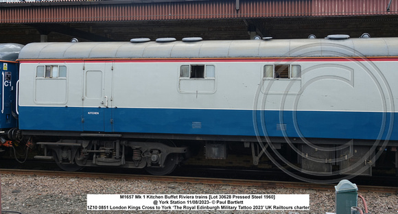 M1657 Mk 1 Kitchen Buffet Riviera trains [Lot 30628 Pressed Steel 1960] @ York Station 2023-08-11 © Paul Bartlett [3w]
