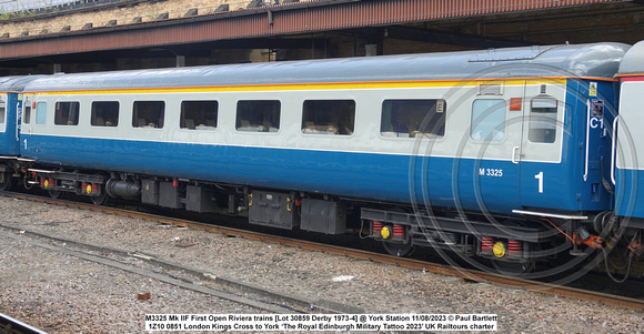 M3325 Mk IIF First Open Riviera trains [Lot 30859 Derby 1973-4] @ York Station 2023-08-11 © Paul Bartlett [1w]