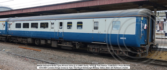 M9526 Standard Brake open Riviera trains [Lot 30861 Derby 1974] @ York Station 2023-08-11 © Paul Bartlett [2w]