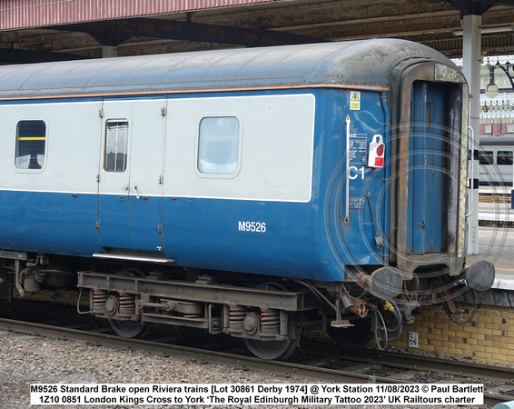 M9526 Standard Brake open Riviera trains [Lot 30861 Derby 1974] @ York Station 2023-08-11 © Paul Bartlett [4w]