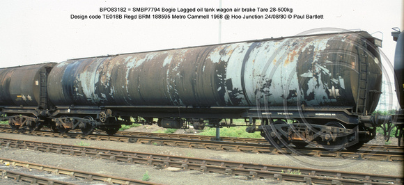 BPO83182 = SMBP7794 Bogie Lagged oil tank wagon AB Design code TE018B  @ Hoo Junction 80-08-24 � Paul Bartlett w