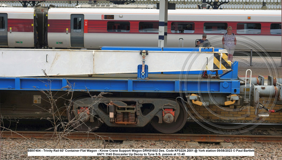 BB97404 - Trinity Rail 60' Container Flat Wagon - Kirow Crane Support Wagon DRK81602 Des. Code KF022A 2001 @ York station 2023-08-09 © Paul Bartlett [4w]