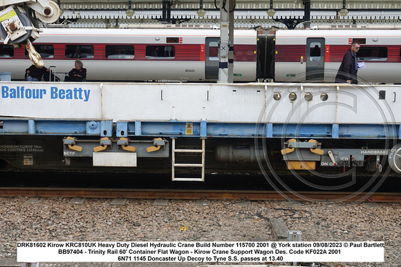 BB97404 - Trinity Rail 60' Container Flat Wagon DRK81602 Kirow KRC810UK Heavy Duty DH Crane @ York station 2023-08-09 © Paul Bartlett [2W]