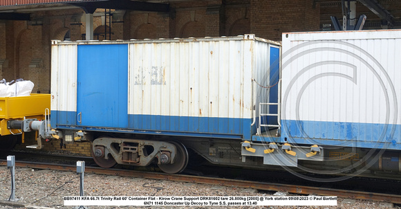 BB97411 KFA 66.7t Trinity Rail 60' Container Flat - Kirow Crane Support DRK81602 tare 26.800kg [2005] @ York station 2023-08-09 © Paul Bartlett [3w]