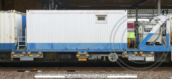 BB97411 KFA 66.7t Trinity Rail 60' Container Flat - Kirow Crane Support DRK81602 tare 26.800kg [2005] @ York station 2023-08-09 © Paul Bartlett [5w]