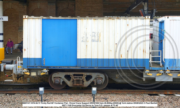 BB97411 KFA 66.7t Trinity Rail 60' Container Flat - Kirow Crane Support DRK81602 tare 26.800kg [2005] @ York station 2023-08-09 © Paul Bartlett [4w]