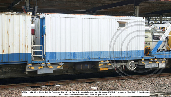 BB97411 KFA 66.7t Trinity Rail 60' Container Flat - Kirow Crane Support DRK81602 tare 26.800kg [2005] @ York station 2023-08-09 © Paul Bartlett [6w]