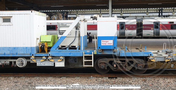 BB97411 KFA 66.7t Trinity Rail 60' Container Flat - Kirow Crane Support DRK81602 tare 26.800kg [2005] @ York station 2023-08-09 © Paul Bartlett [7w]
