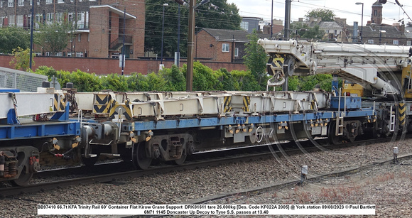 BB97410 66.7t KFA Trinity Rail 60' Container Flat Kirow Crane Support  DRK81611 tare 26.000kg [Des. Code KF022A 2005] @ York station 2023-08-09 © Paul Bartlett [1w]