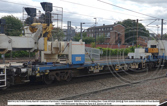 BB97412 66.7t KFA Trinity Rail 60' Container Flat Kirow Crane Support  DRK81611 tare 26.000kg [Des. Code KF022A 2005] @ York station 2023-08-09 © Paul Bartlett [2w]