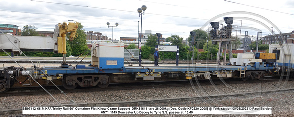 BB97412 66.7t KFA Trinity Rail 60' Container Flat Kirow Crane Support  DRK81611 tare 26.000kg [Des. Code KF022A 2005] @ York station 2023-08-09 © Paul Bartlett [3w]