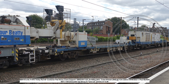 BB97412 66.7t KFA Trinity Rail 60' Container Flat Kirow Crane Support  DRK81611 tare 26.000kg [Des. Code KF022A 2005] @ York station 2023-08-09 © Paul Bartlett [1w]