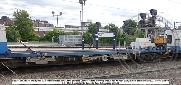 BB97412 66.7t KFA Trinity Rail 60' Container Flat Kirow Crane Support  DRK81611 tare 26.000kg [Des. Code KF022A 2005] @ York station 2023-08-09 © Paul Bartlett [4w]