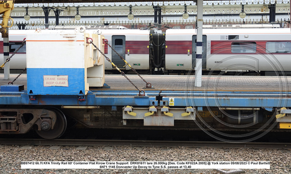 BB97412 66.7t KFA Trinity Rail 60' Container Flat Kirow Crane Support  DRK81611 tare 26.000kg [Des. Code KF022A 2005] @ York station 2023-08-09 © Paul Bartlett [7w]