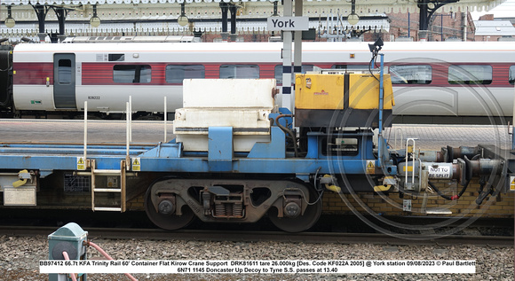 BB97412 66.7t KFA Trinity Rail 60' Container Flat Kirow Crane Support  DRK81611 tare 26.000kg [Des. Code KF022A 2005] @ York station 2023-08-09 © Paul Bartlett [9w]