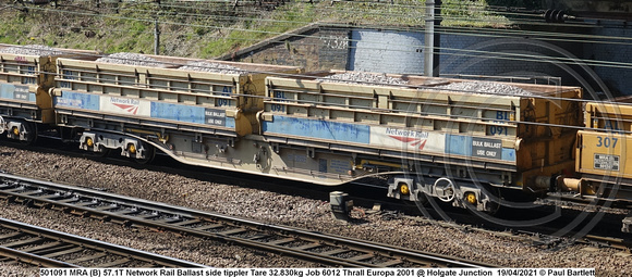 501091 MRA (B) 57.1T Network Rail Ballast side tippler Tare 32.830kg Job 6012 Thrall Europa 2001 @ Holgate Junction 2021-04-19 © Paul Bartlett w