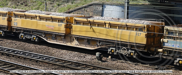 501327 MRA(E) 56.5t Network Rail Side Tip Ballast outer wagon Tare 33-410kg [Des code MR005C built Astro Vagoane,Trinity Rail, Romania 2004] @ Holgate Junction 2021-04-19 © Paul Bartlett w
