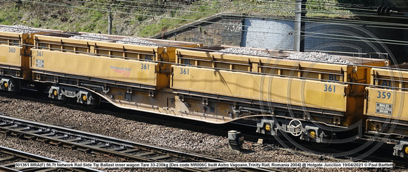 501361 MRA(F) 56.7t Network Rail Side Tip Ballast inner wagon Tare 33-230kg [Des code MR006C built Astro Vagoane,Trinity Rail, Romania 2004] @ Holgate Junction 2021-04-19 © Paul Bartlett w