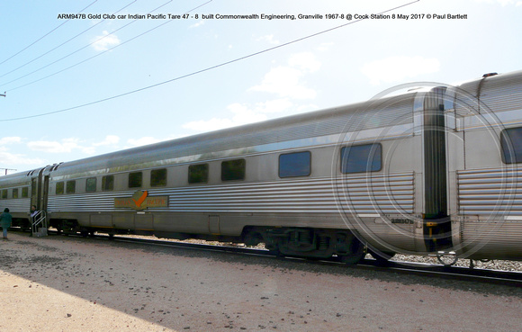 ARM947B Gold Club car Indian Pacific built Commonwealth Engineering, Granville 1967-8 @ Cook Station 8 May 2017 © Paul Bartlett [1]