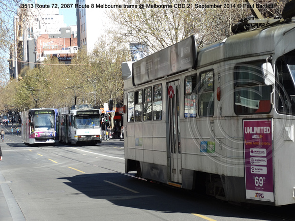 3513 Route 72, 2087 Route 8 Melbourne trams @ Melbourne CBD 21 September 2014 © Paul Bartlett