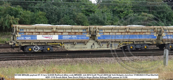 501069 MRA(B) payload 57.1t tare 32.830t Railtrack [Des code MR008C Job 6012 built Thrall 2001] @ York Holgate Junction 2023-07-28 © Paul Bartlett w