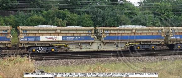 501147 MRA(C) payload 57.3t tare 32.640t Railtrack [Des code MR009C Job 6012 built Thrall 2001 @ York Holgate Junction 2023-08-17 © Paul Bartlett w