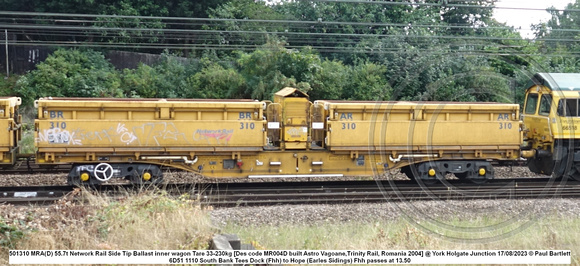 501310 MRA(D) 55.7t Network Rail Side Tip Ballast inner wagon Tare 33-230kg [Des code MR004D built Astro Vagoane,Trinity Rail, Romania 2004] @ York Holgate Junction 2023-08-17 © Paul Bartlett w