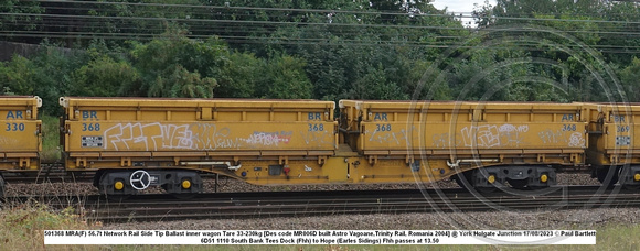 501368 MRA(F) 56.7t Network Rail Side Tip Ballast inner wagon Tare 33-230kg [Des code MR006D built Astro Vagoane,Trinity Rail, Romania 2004] @ York Holgate Junction 2023-08-17 © Paul Bartlett w